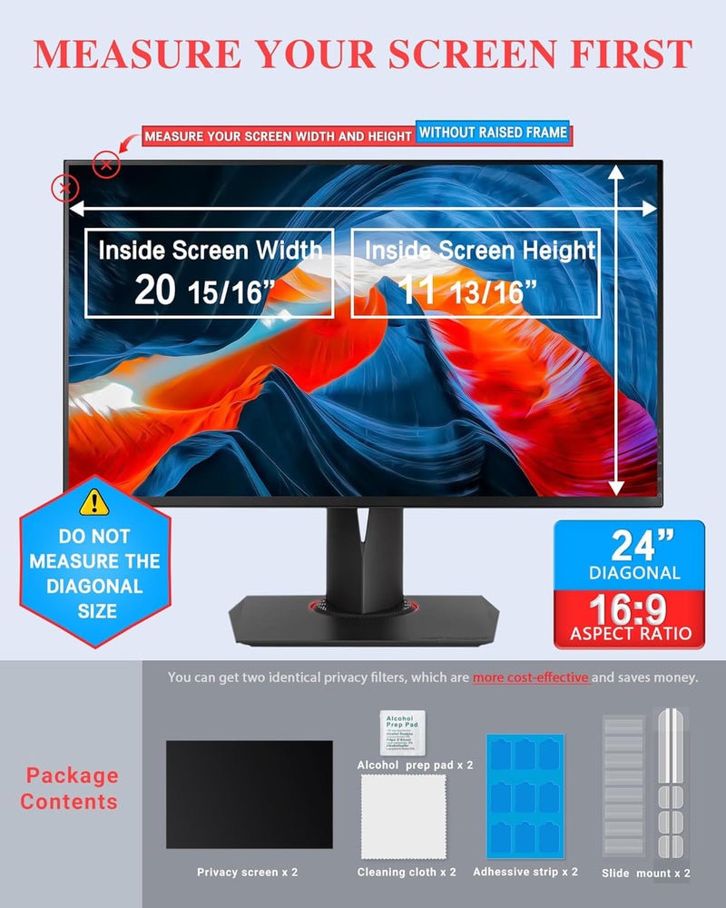pys 24 Inch Monitor Privacy Screen for 16:9 Computer Monitors – Anti-Glare Removable Filter Shields Sensitive Data, Reduces Blue Light & Protects Eyes for Home/Office Use - Image 2